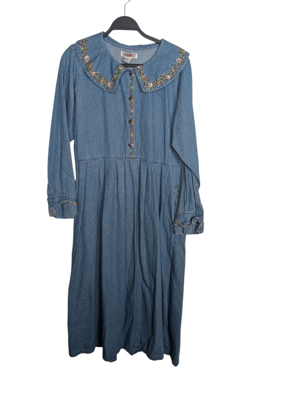 Vintage FADS Embroidered Denim Midi Dress Cottagecore Floral Collar Size 12
